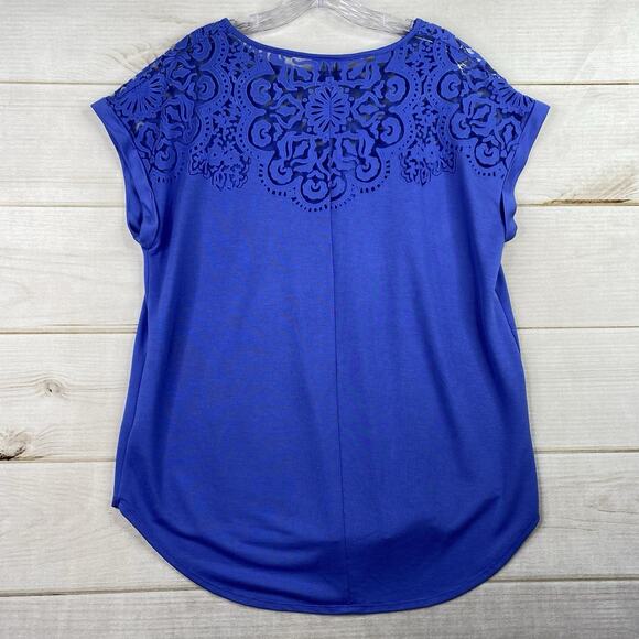 Ava & Viv Top Womens 1X Blue Embroidered Burnout Cap Short Sleeve Boho Stretch - Picture 5 of 7